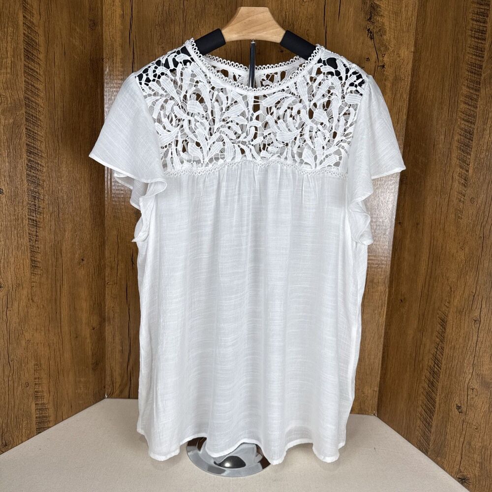 Perch White Lace Crochet Yoke Blouse 2X Flutter Sleeve Rayon Blend Boho Romantic